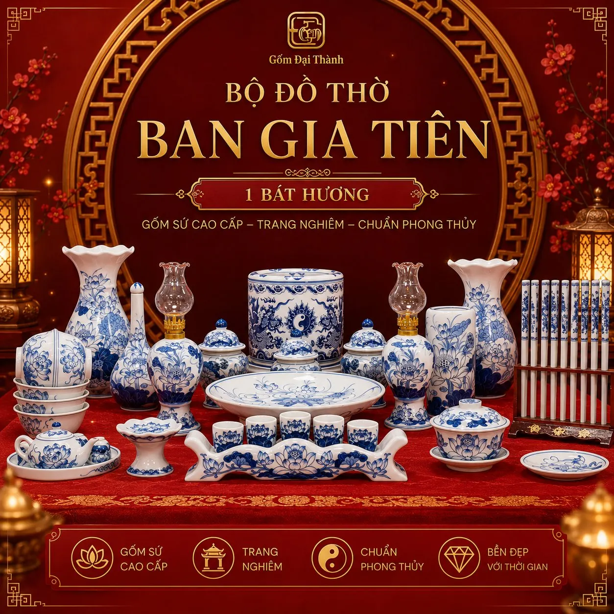 Ban thờ 2m trở lên, 3 bát hương - Men lam vẽ tay ảnh 3