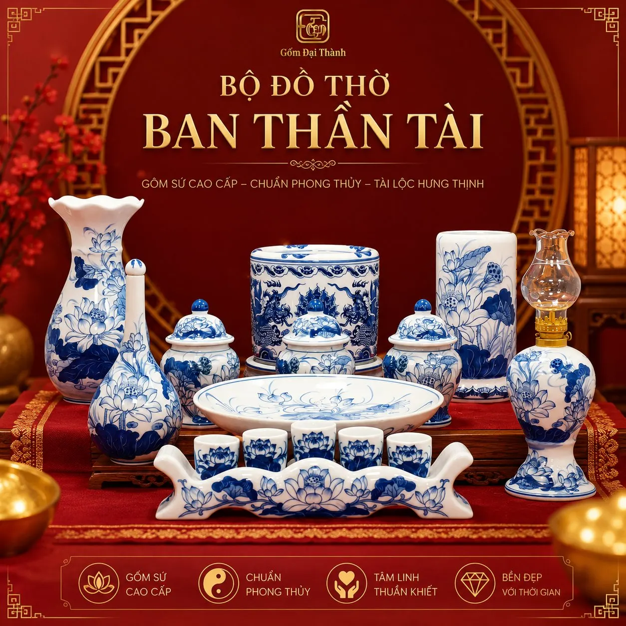 Ban thờ 2m trở lên, 3 bát hương - Men lam vẽ tay ảnh 4