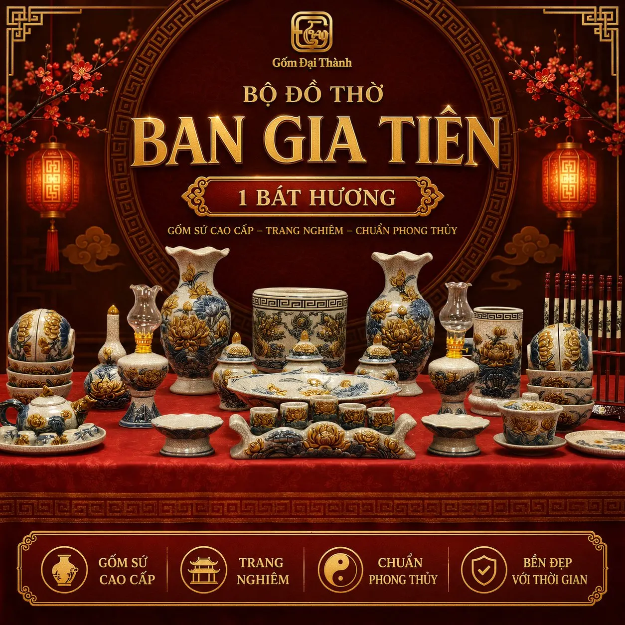 Ban thờ 2m trở lên, 3 bát hương - Men rạn ảnh 3