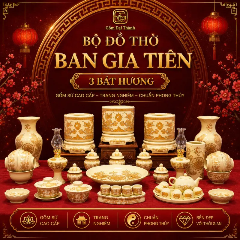 Trọn bộ đồ thờ men VÀNG ánh kim