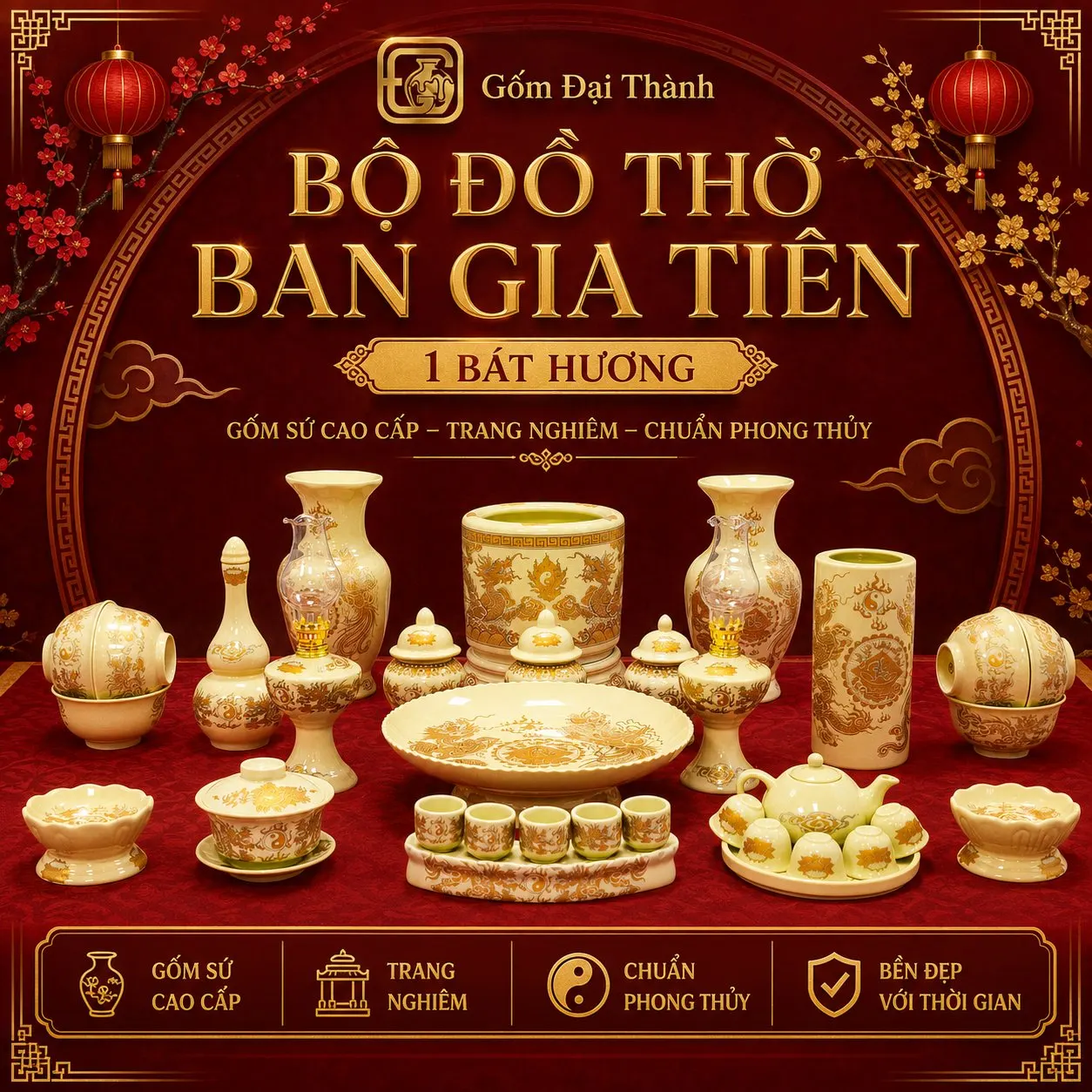 Ban thờ 1m, 1 bát hương - Men vàng ánh kim