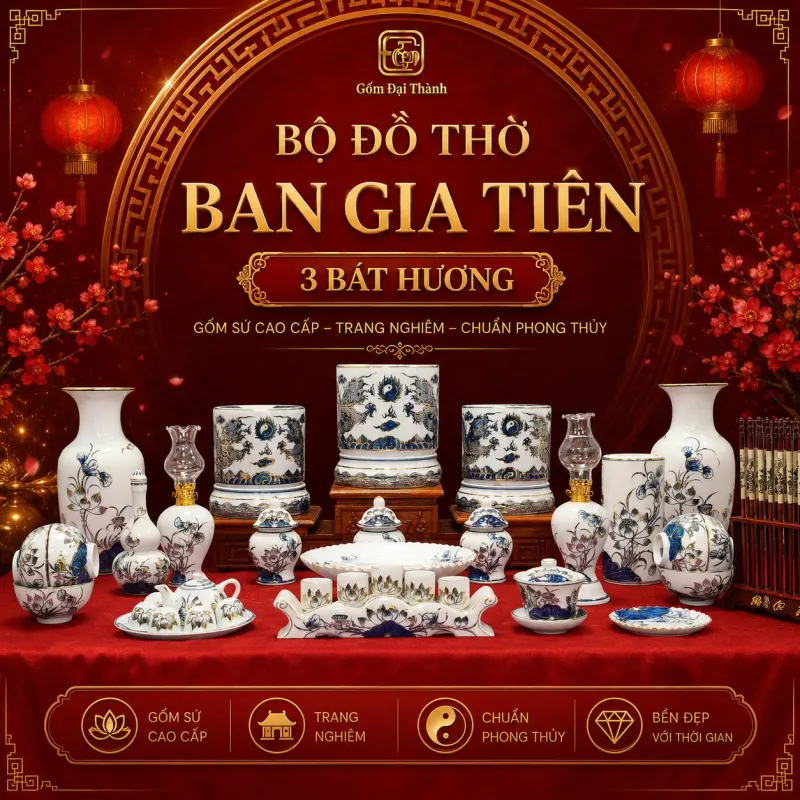 Trọn bộ đồ thờ men lam vẽ vàng 24k