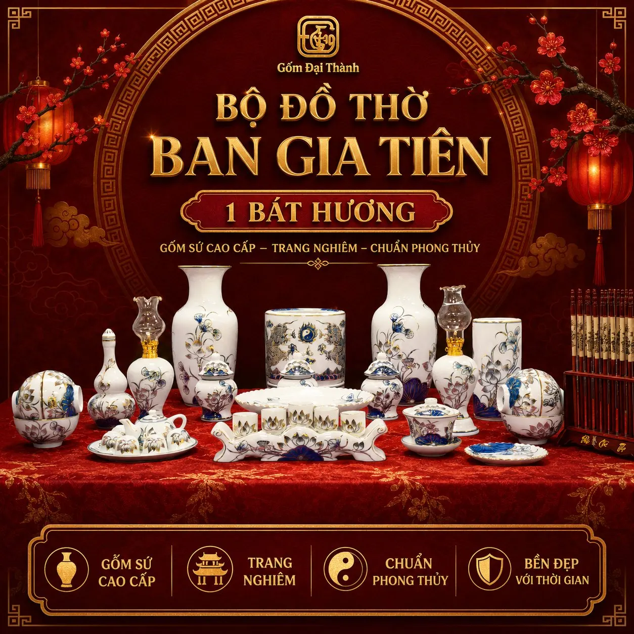 Ban thờ nhỏ 1m-1m1, 1 bát hương - Men lam vẽ vàng 24K