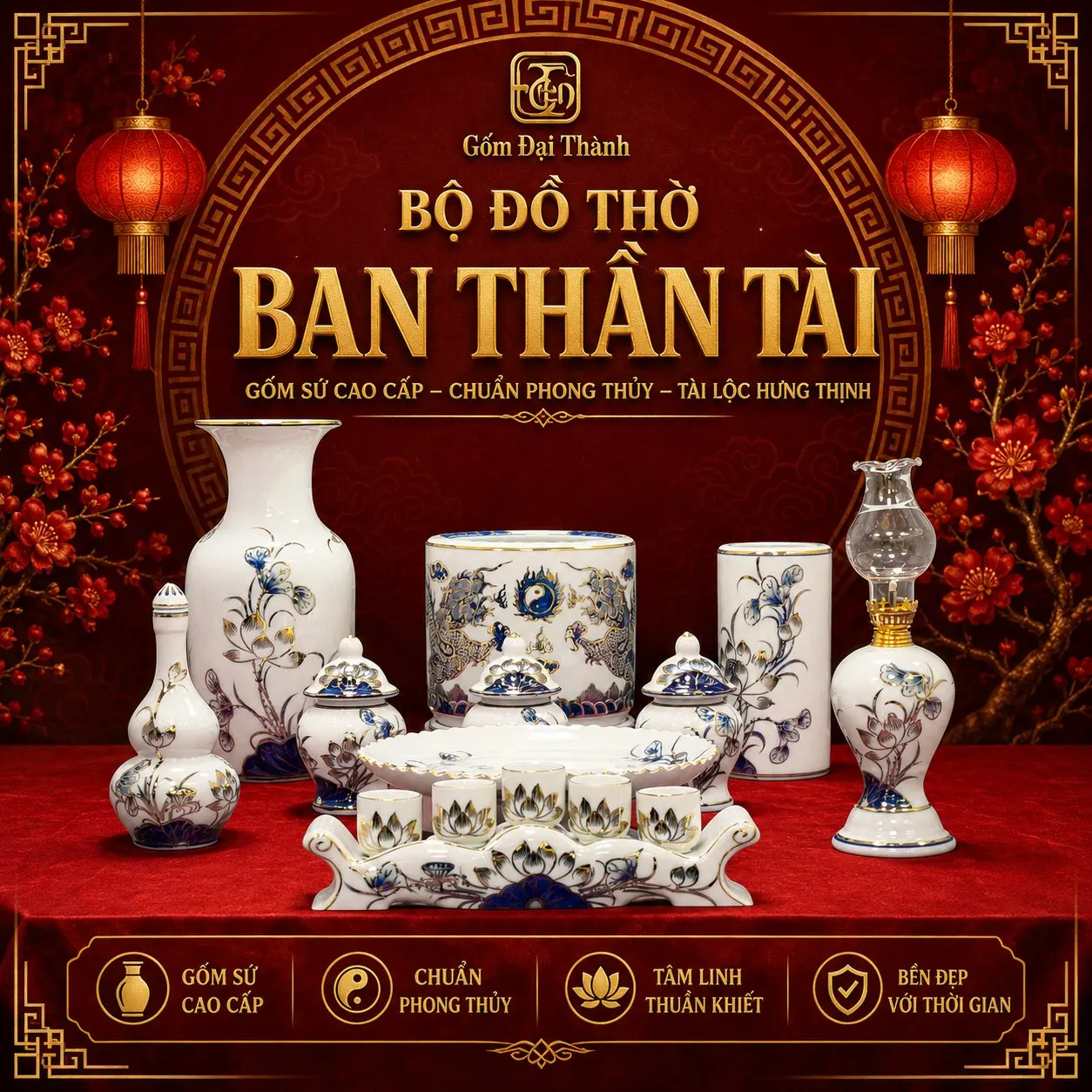 Ban thần tài - Men lam vẽ vàng 24K