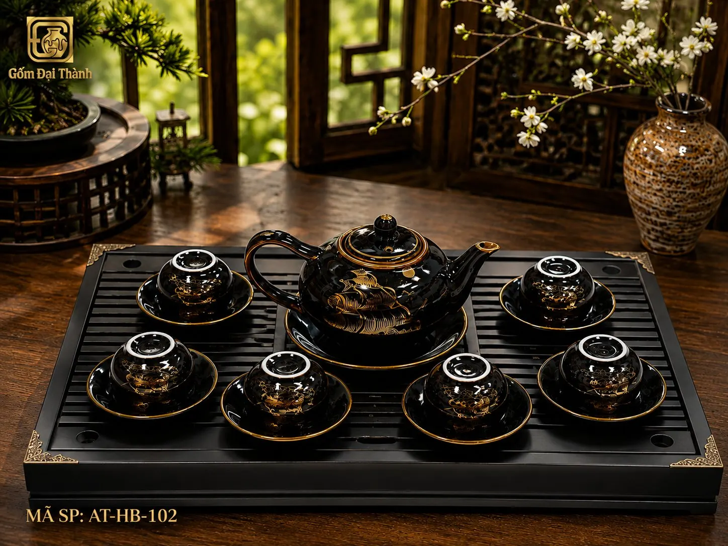 Bộ ấm chén men kẻ vàng kim hỏa biến