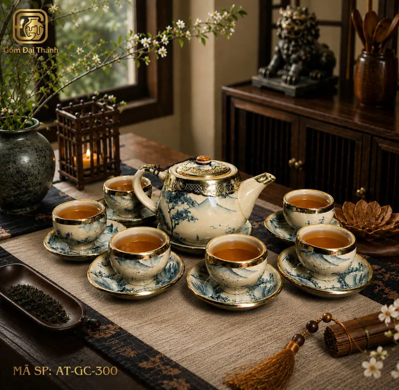 Bộ ấm chén đào sơn thủy bọc đồng giả cổ