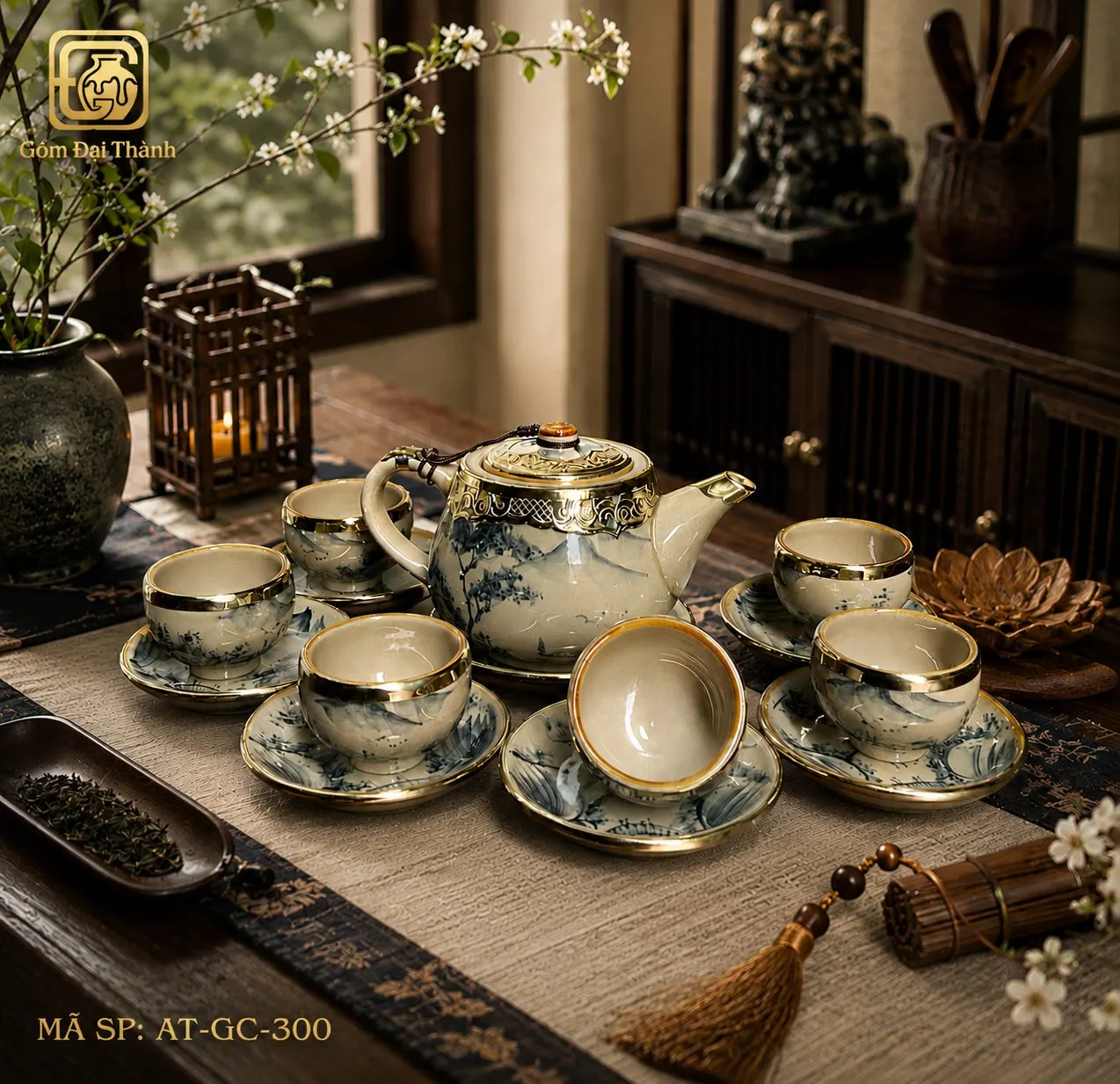 Bộ ấm chén đào sơn thủy bọc đồng giả cổ