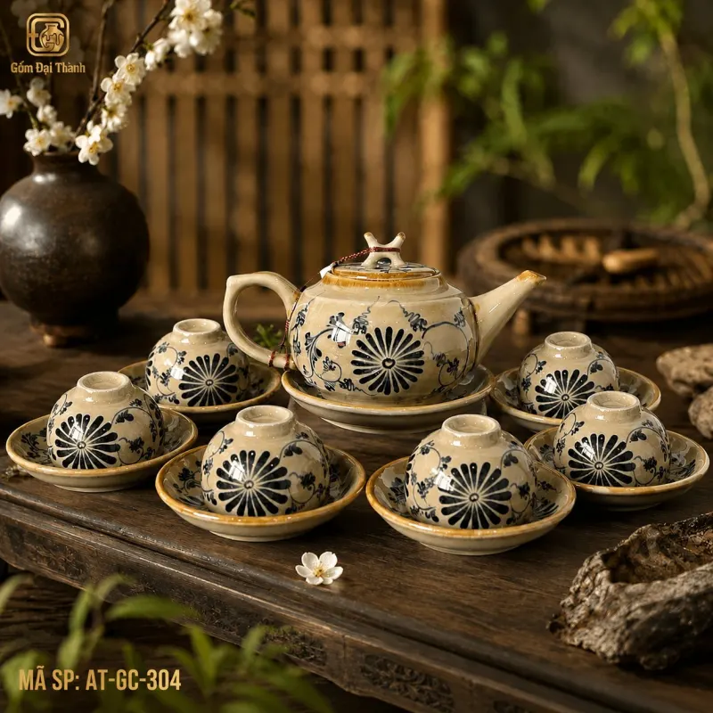 Bộ ấm chén cúc dây vẽ tay giả cổ