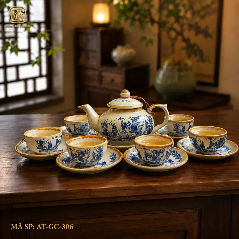 Bộ ấm chén trúc lâm xanh ấm lùn giả cổ