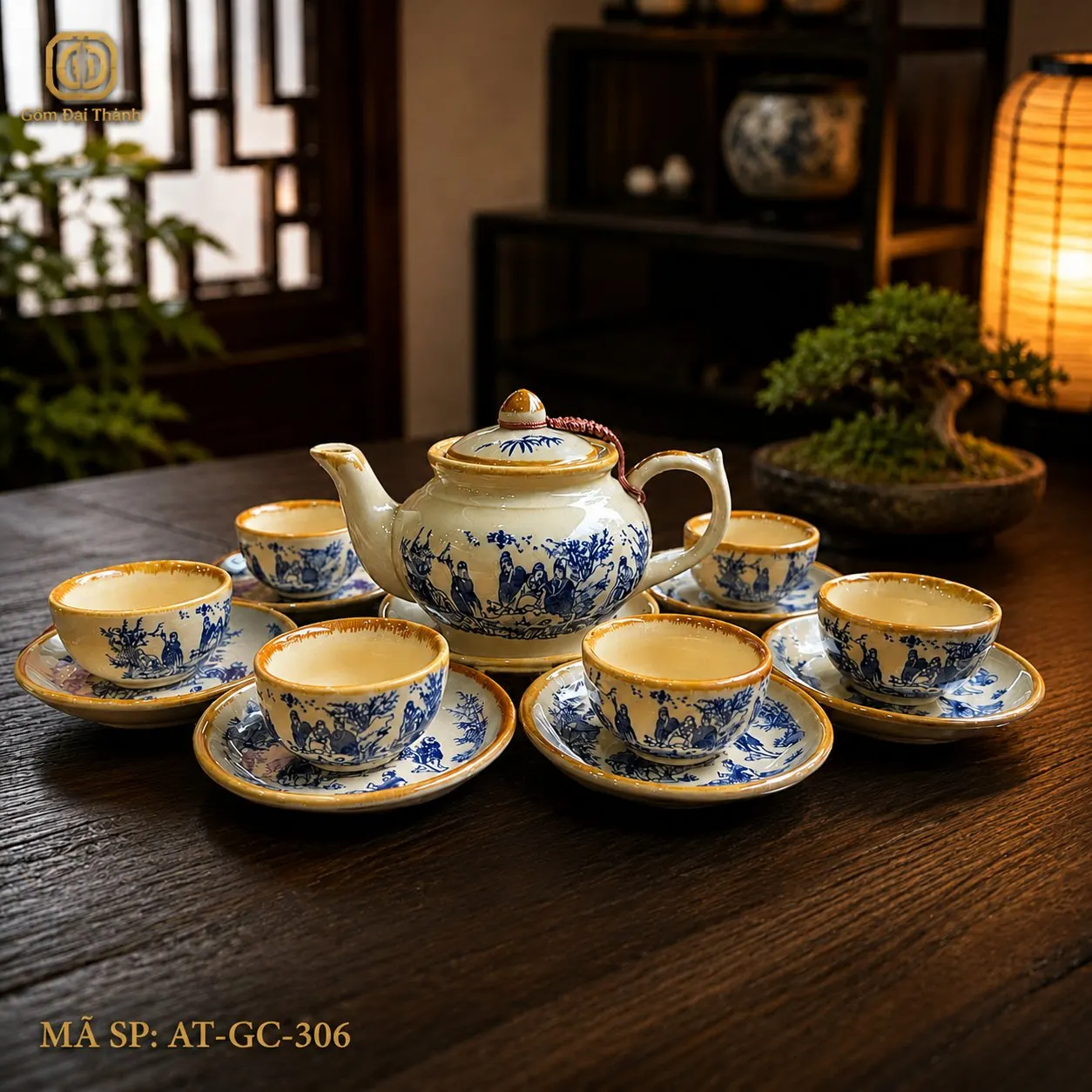 Bộ ấm chén trúc lâm xanh ấm lùn giả cổ