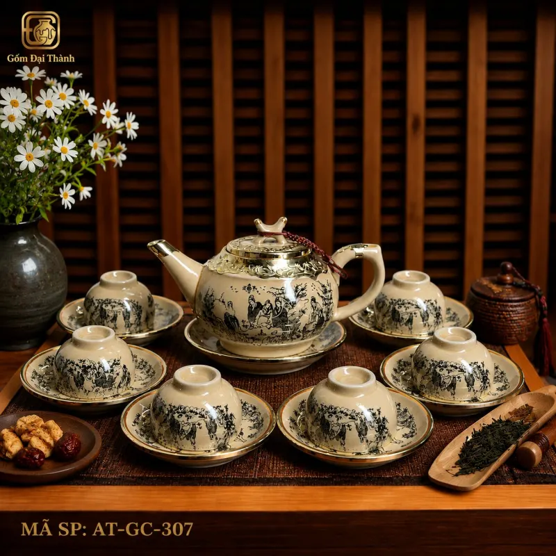 Bộ ấm chén kiều trúc lâm bọc đồng giả cổ