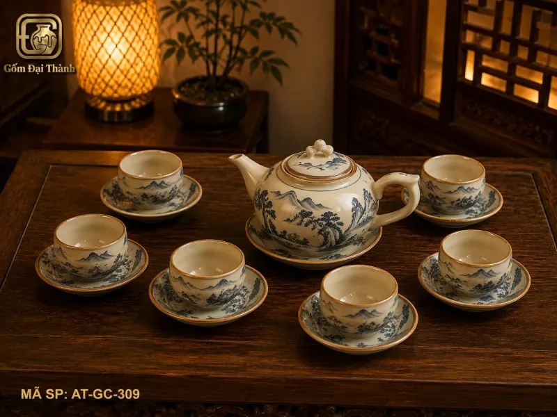 Bộ ấm chén đào sơn thủy giả cổ