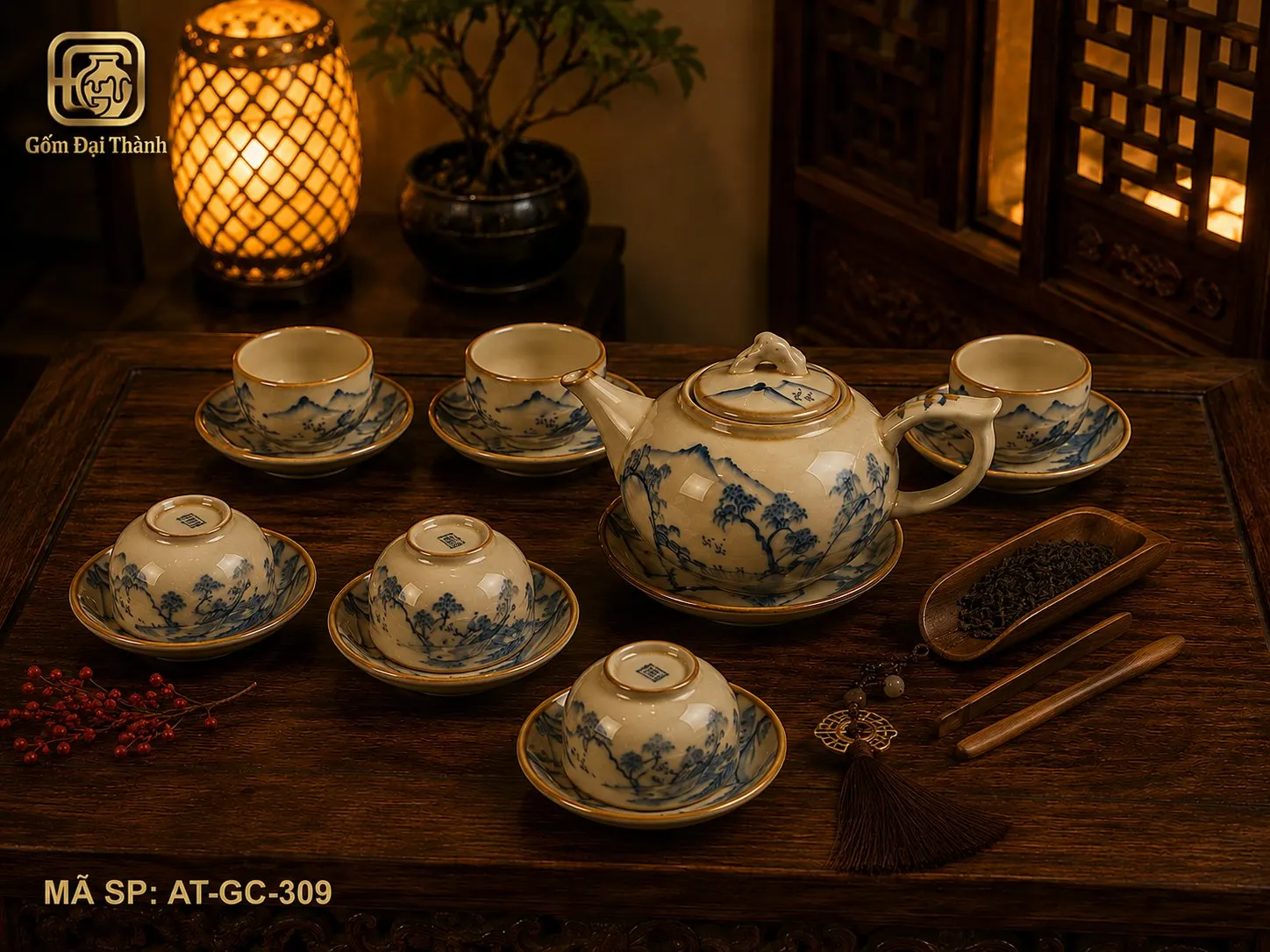 Bộ ấm chén đào sơn thủy giả cổ